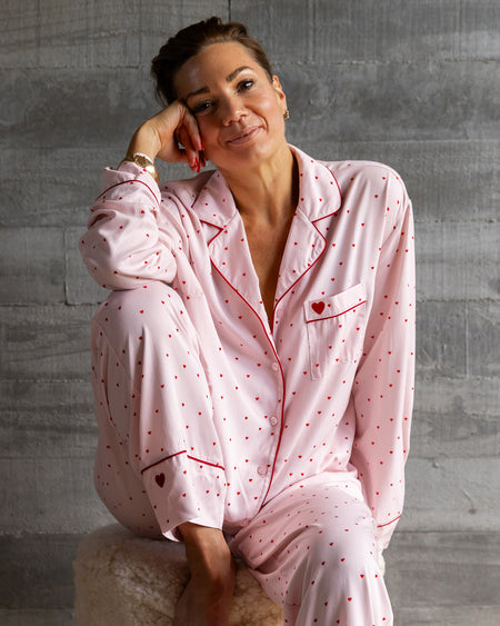 Hearts In Cabana Long Sleeve Pj Top in MINI HEART PRINT. Feature shot