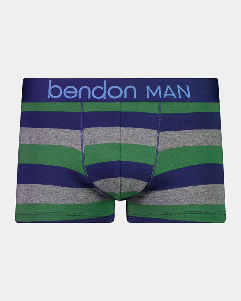 Rugby Stripe Mens Trunk in FOLIAGE GREEN/MEDEIVAL BLUE/MARLE. Flat lay front view