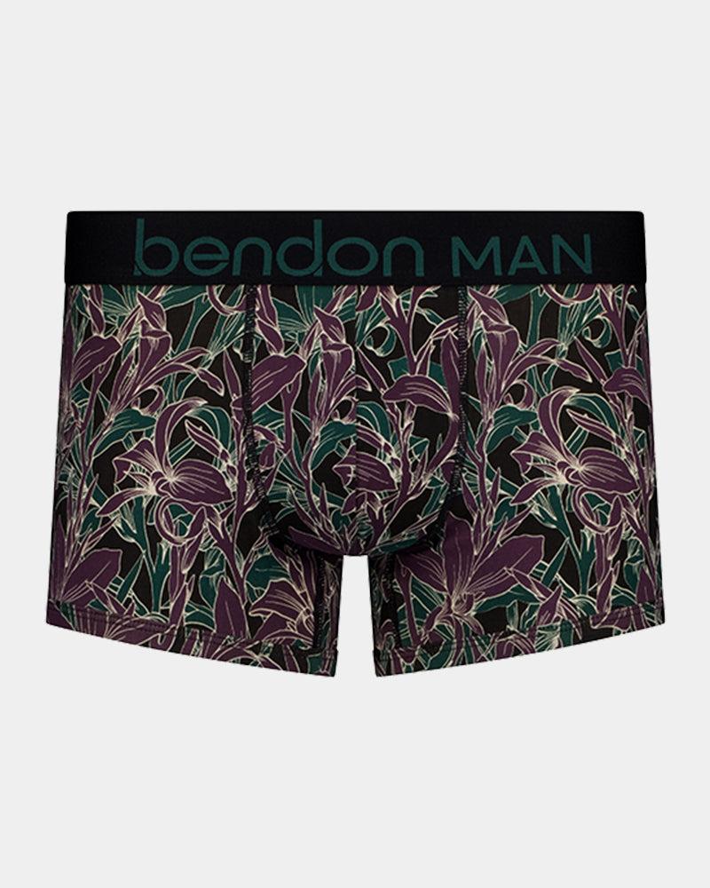 Retros Print Mens Trunk in PLUM MORRIS PRINT. Flat lay front view