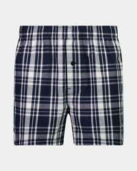 Lounge Boxer in BLUE WING TEAL CHECK. Flat lay front view