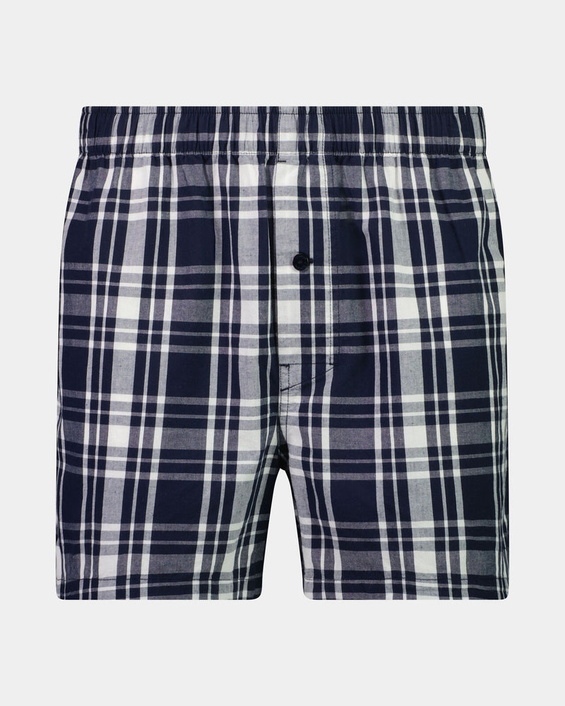 Lounge Boxer in BLUE WING TEAL CHECK. Flat lay front view