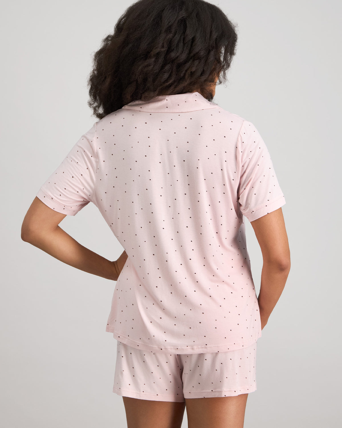 Model wears Belle Bamboo Short Pj Set in PALE LILAC/FIG. On body back view