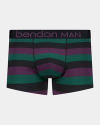 Rugby Stripe Mens Trunk in BLACK/PLUM/RAIN FOREST. Flat lay front view