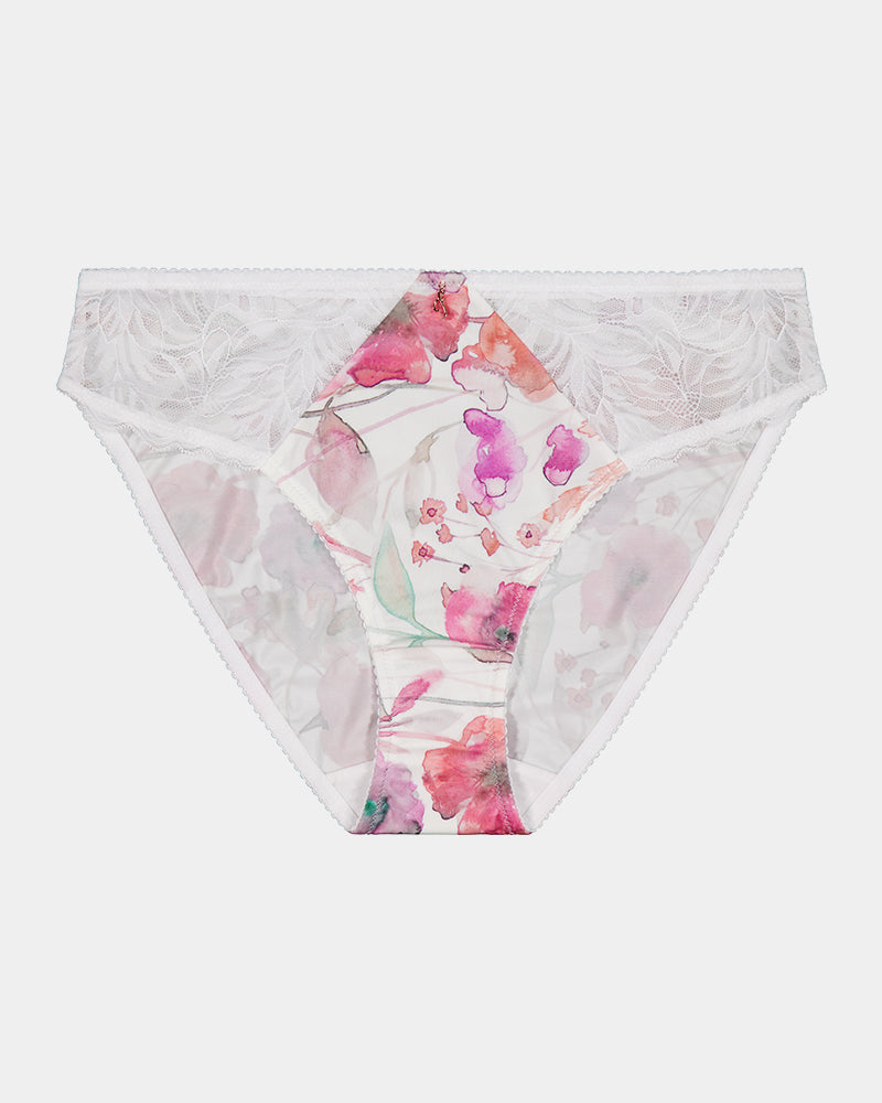 Hypnotise High Cut Brief in WATERCOLOUR PRINT. Flat lay front view