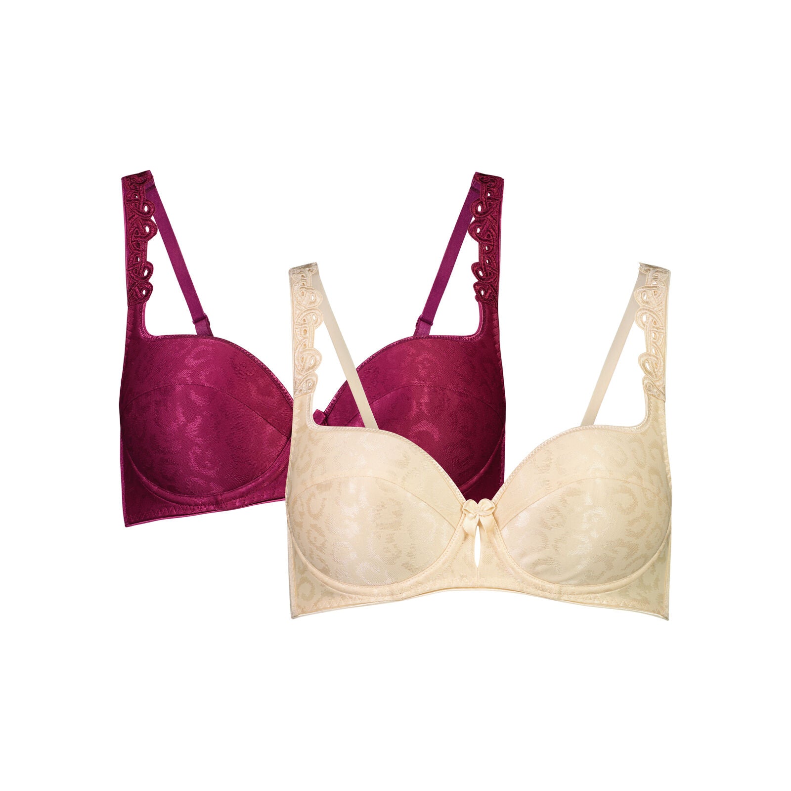 Damask Twin Pack Contour Bra Twin Pack in RASPBERRY/NOVELLE PEACH. Flat lay front view