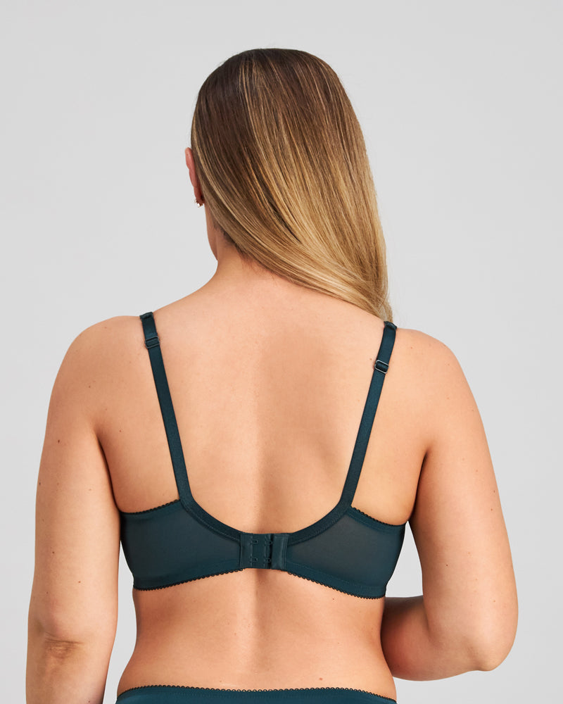 Model wears Felicia Underwire Bra in PONDEROSA PINE. On body back view