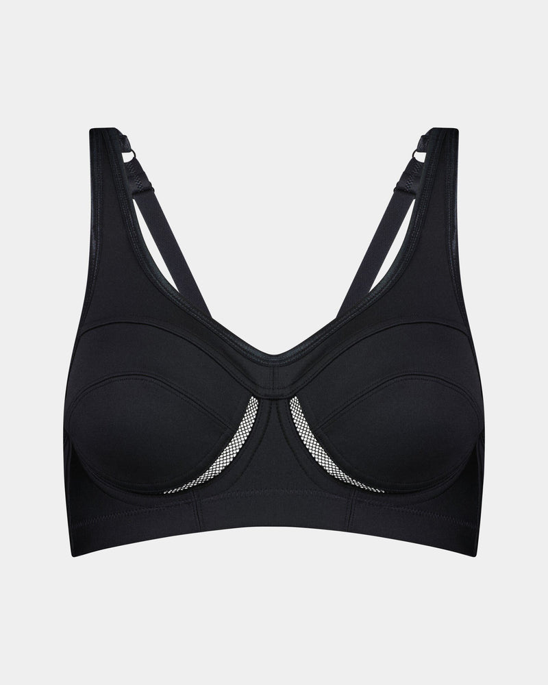 Bendon Sports Underwire Bra in BLACK. Flat lay front view