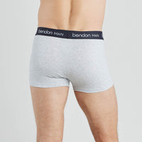 Model wears Organic Cotton Mens Trunk in LIGHT GREY MARL. On body back view