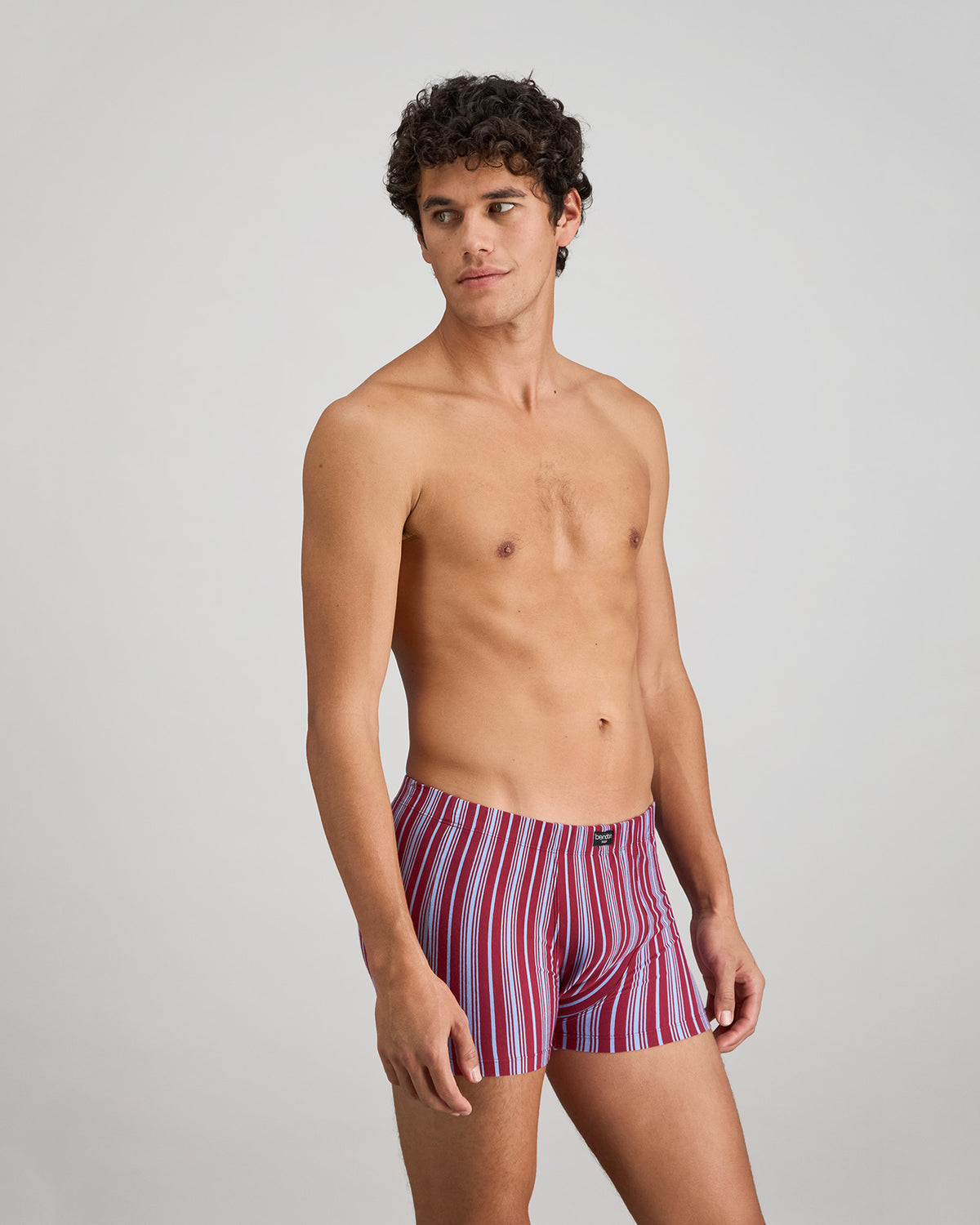 Cotton Stretch Mens Trunk in TIBETAN RED STRIPE. Flat lay back view