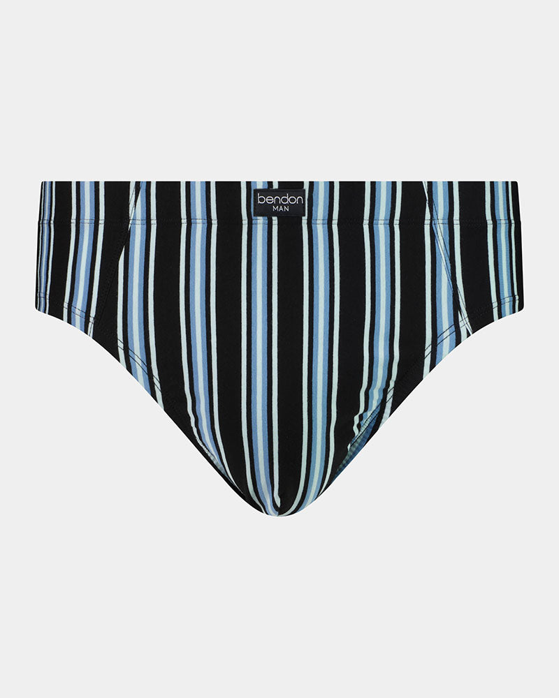 Cotton Stretch Mens Brief in AQUIFER/BLACK STRIPE. Flat lay front view