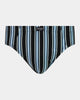Cotton Stretch Mens Brief in AQUIFER/BLACK STRIPE. Flat lay front view