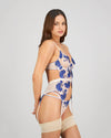 Model wears Everleigh Corset in SURF THE WEB/BLUSH. On body side view
