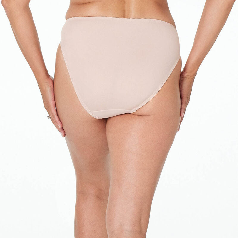 Model wears Coral High Cut Brief in LATTE. On body back view