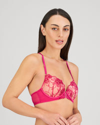 Model wears Heritage Bloom Push Up Front Opening Bra in FANTASY FUCHSIA. On body side view
