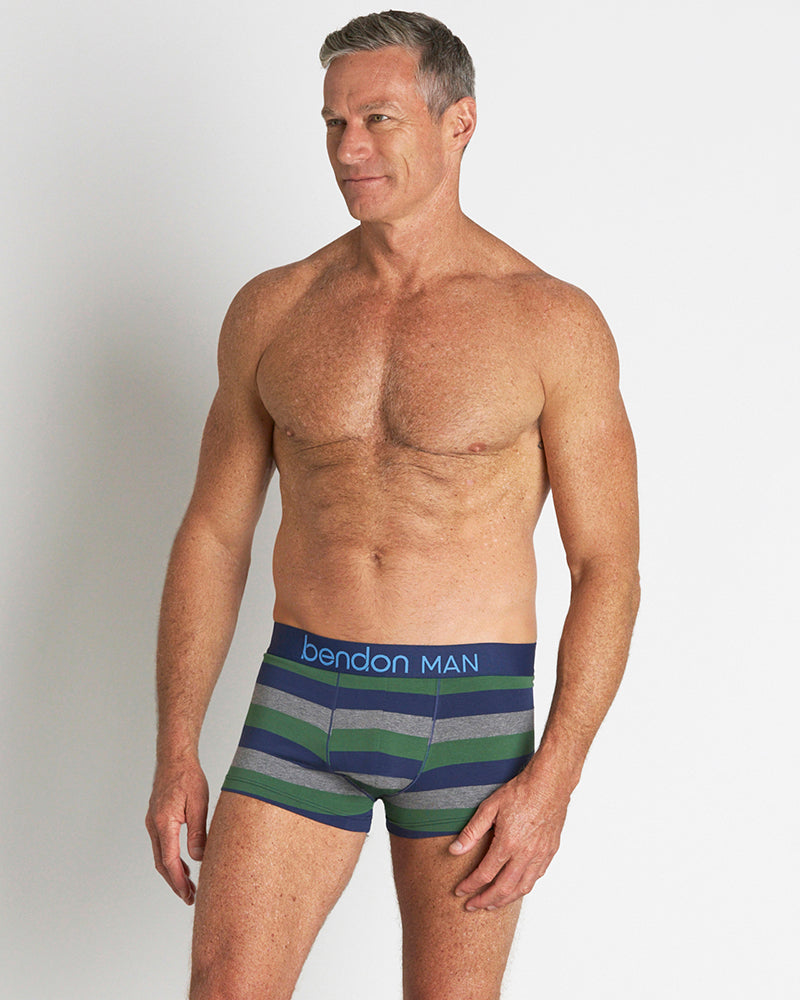 Rugby Stripe Mens Trunk in FOLIAGE GREEN/MEDEIVAL BLUE/MARLE. Feature shot