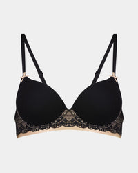 Geometric Lace Contour Bra in BLACK/TOASTED ALMOND. Flat lay front view