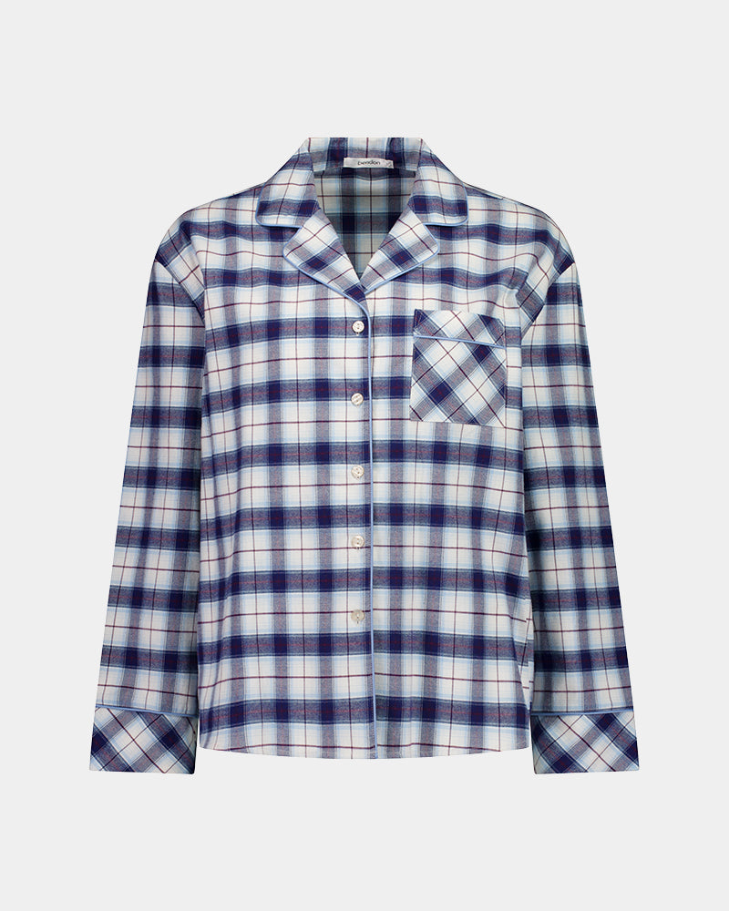 Cosy Flannel Long Sleeve Pj Top in NAVY BLAZER. Flat lay front view