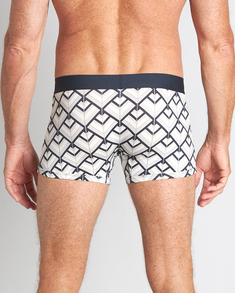 Model wears Retros Print Mens Trunk in ART DECO TILE PRINT. On body back view