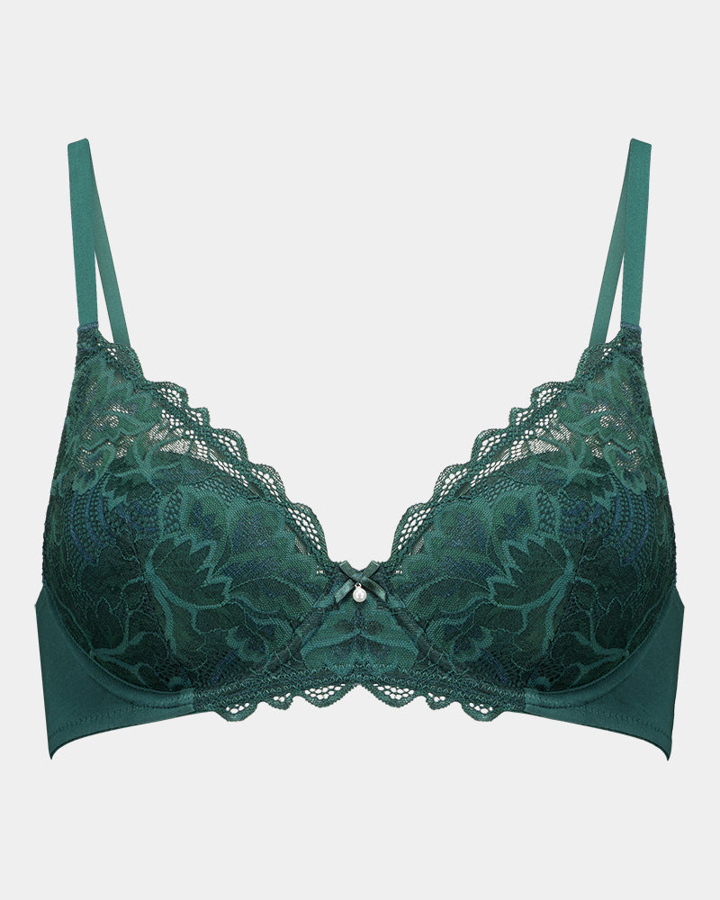 Embrace Contour Bra in RAIN FOREST. Flat lay front view