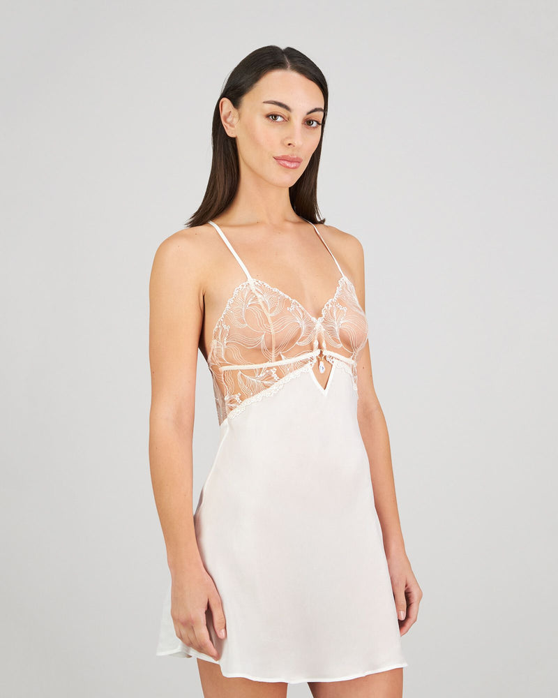 Model wears Eros Chemise in SUGAR. On body side view