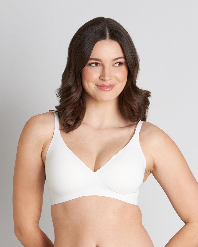 Model wears Comfit Collection Wire Free Bra in WHITE. On body front view