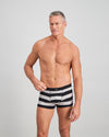 Model wears Rugby Stripe Mens Trunk in BLACK RUGBY STRIPE. On body front view