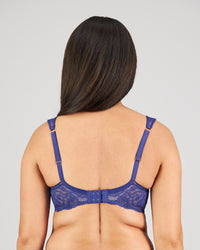 Model wears Midnight Express Underwire Bra in BLUE RIBBON. On body back view