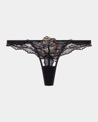 Oasis Glow Thong in BLACK. Flat lay front view