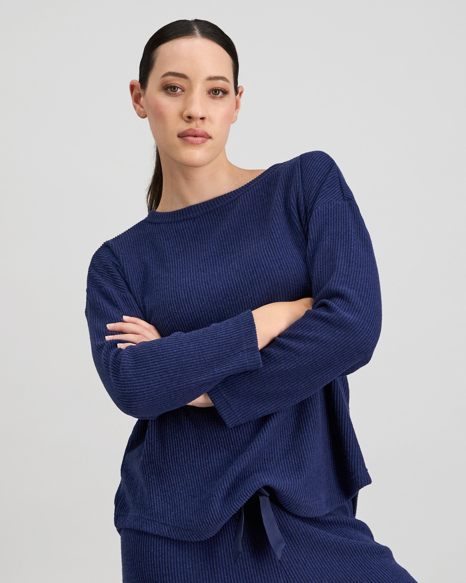 Relaxed Rib Long Sleeve Pj Top in NAVY BLAZER. Flat lay back view