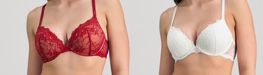 Two bras, one red and one white, on a plain background